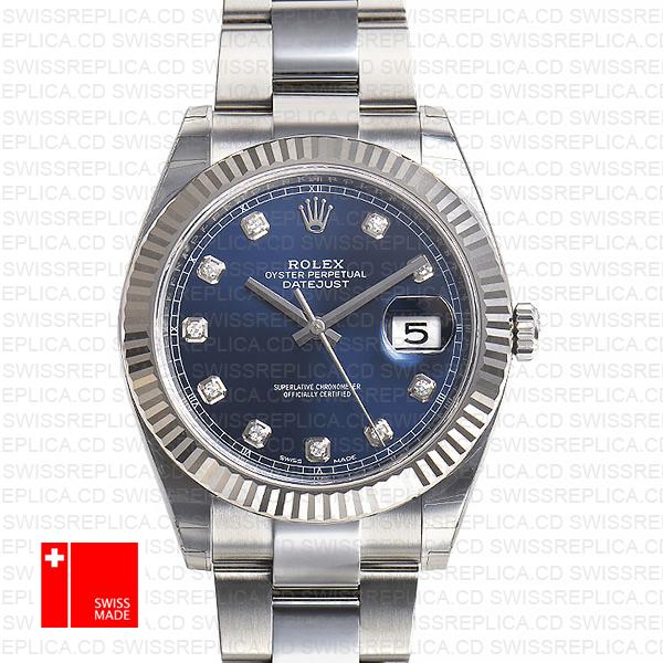 Rolex Datejust 41 Oyster 904l Steel 18k W Gold Fluted Bezel Blue Dial Diamond Markers 126334 Swiss Replica
