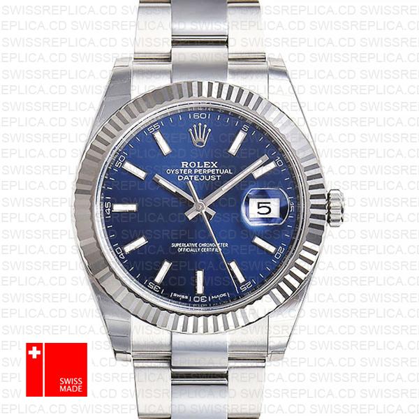 Rolex Datejust 41 Oyster 904l Steel 18k W Gold Fluted Bezel Blue Dial Stick Markers 126334 Swiss Replica