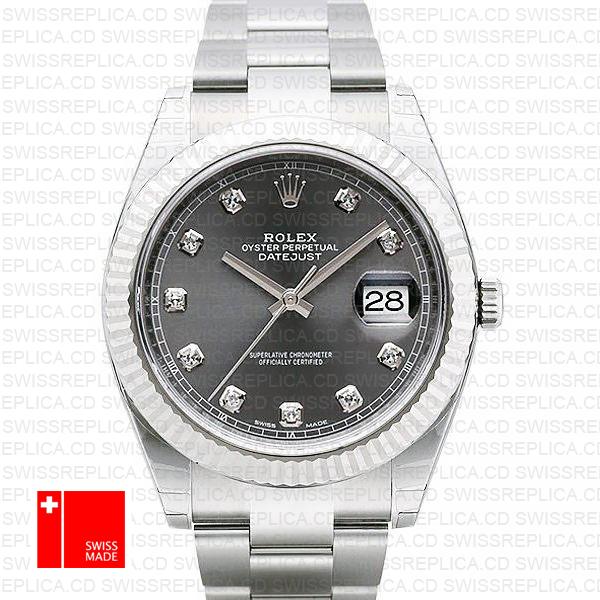 Rolex Datejust 41 Oyster Steel 18k W Gold Fluted Bezel Dark Rhodium Grey Dial Diamond Markers 126334