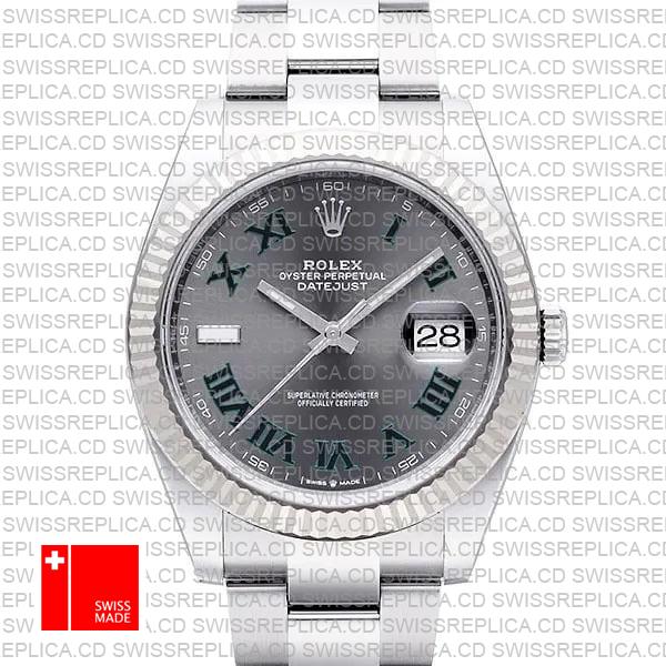 Rolex Datejust 41 Oyster Slate Wimbledon Dial Stick Markers 904l Steel 18k White Gold Fluted Bezel 41mm Ref.126334 Swiss Replica Watch
