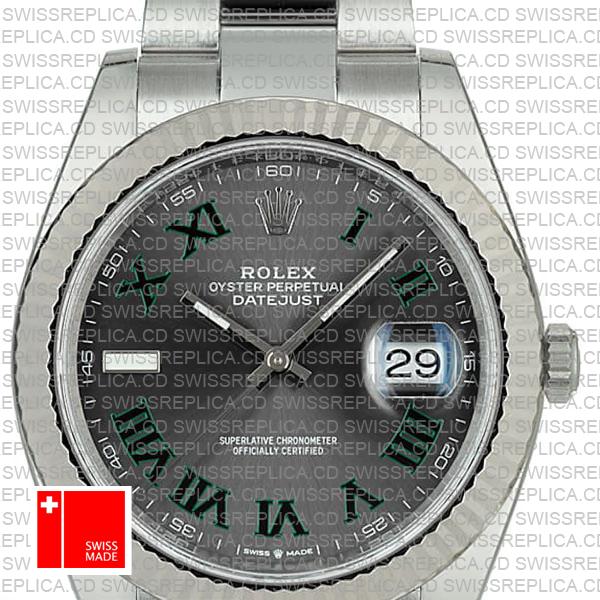 Rolex Datejust 41 Oyster Slate Wimbledon Dial Stick Markers 904l Steel 18k White Gold Fluted Bezel 41mm Ref.126334 Swiss Replica Watch