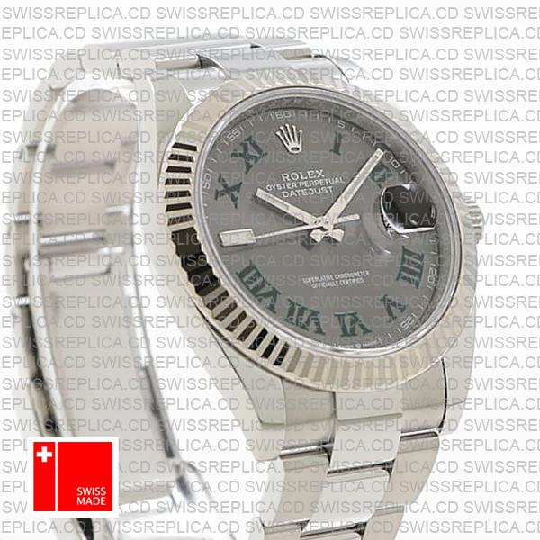 Rolex Datejust 41 Oyster Slate Wimbledon Dial Stick Markers 904l Steel 18k White Gold Fluted Bezel 41mm Ref.126334 Swiss Replica Watch