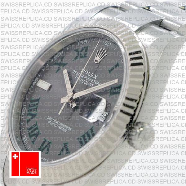 Rolex Datejust 41 Oyster Slate Wimbledon Dial Stick Markers 904l Steel 18k White Gold Fluted Bezel 41mm Ref.126334 Swiss Replica Watch