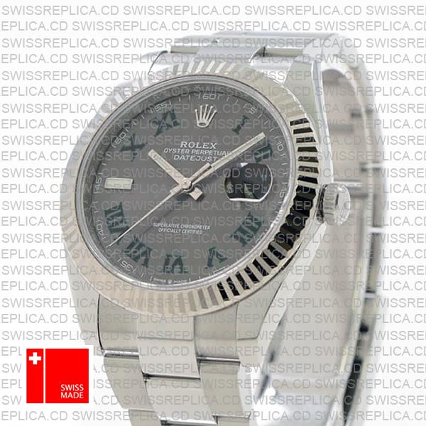 Rolex Datejust 41 Oyster Slate Wimbledon Dial Stick Markers 904l Steel 18k White Gold Fluted Bezel 41mm Ref.126334 Swiss Replica Watch