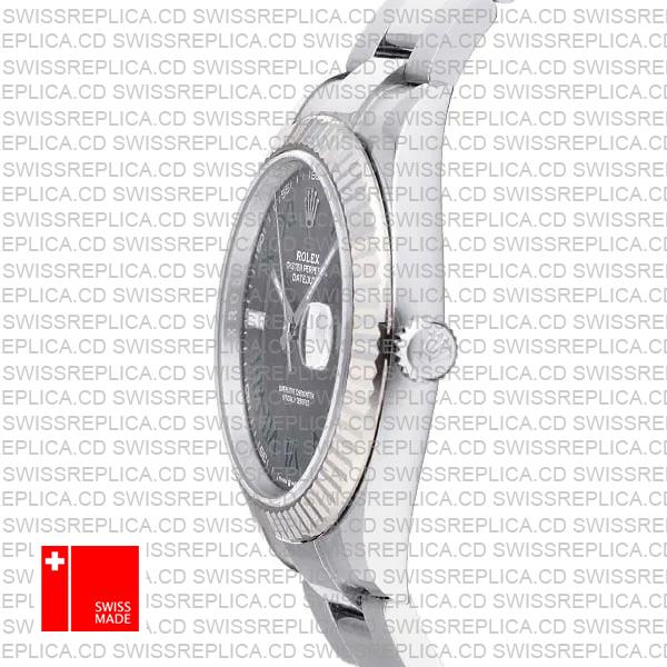 Rolex Datejust 41 Oyster Slate Wimbledon Dial Stick Markers 904l Steel 18k White Gold Fluted Bezel 41mm Ref.126334 Swiss Replica Watch