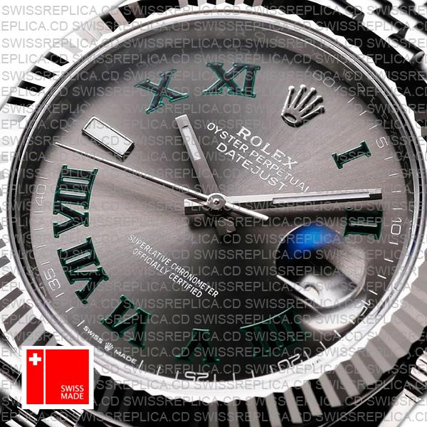 Rolex Datejust 41 Oyster Slate Wimbledon Dial Stick Markers 904l Steel 18k White Gold Fluted Bezel 41mm Ref.126334 Swiss Replica Watch