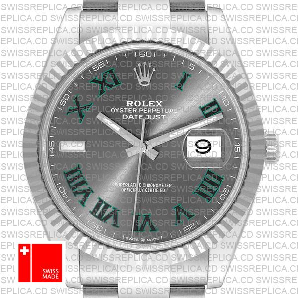 Rolex Datejust 41 Oyster Slate Wimbledon Dial Stick Markers 904l Steel 18k White Gold Fluted Bezel 41mm Ref.126334 Swiss Replica Watch