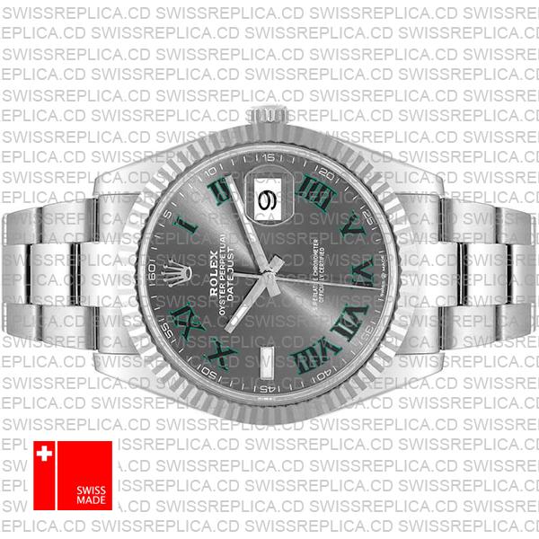 Rolex Datejust 41 Oyster Slate Wimbledon Dial Stick Markers 904l Steel 18k White Gold Fluted Bezel 41mm Ref.126334 Swiss Replica Watch