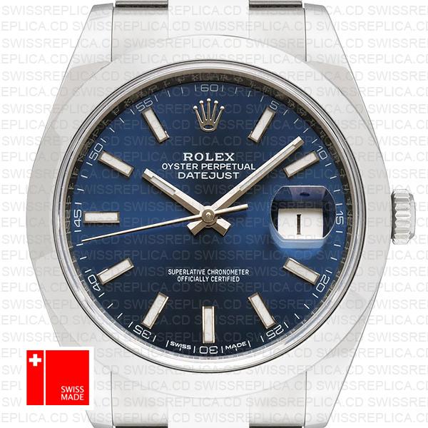 Rolex Datejust 41 Oyster Steel Smooth Bezel Blue Dial Stick Markers 126300