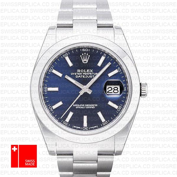 Rolex Datejust 41 Oyster Steel Smooth Bezel Blue Dial Stick Markers 126300