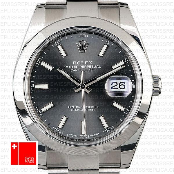 Rolex Datejust 41 Oyster Steel Smooth Bezel Dark Rhodium Grey Dial Stick Markers 126300