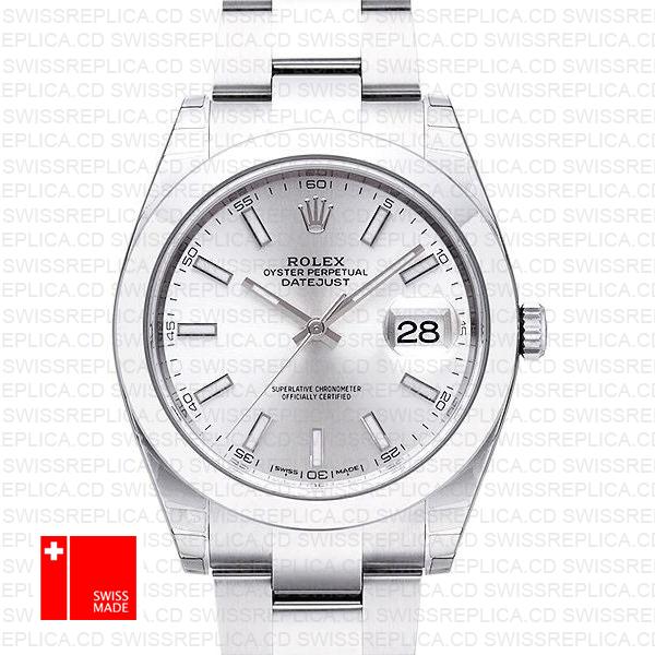 Rolex Datejust 41 Oyster Steel Smooth Bezel Silver Dial Stick Markers 126300