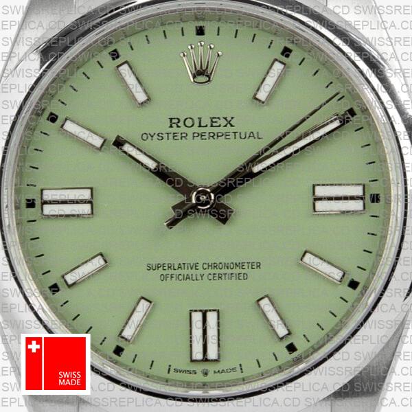 Rolex Oyster Perpetual 41 Pistachio Dial Stick Markers 904l Steel Ref. 134300 Swiss Made Replica Superclone