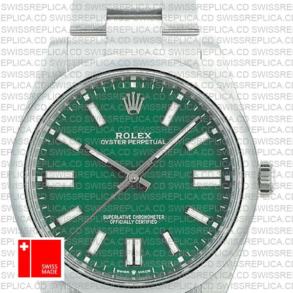 Rolex Oyster Perpetual 41 Green Dial Stick Markers 904l Steel Ref. 124300 Swiss Made Replica Superclone