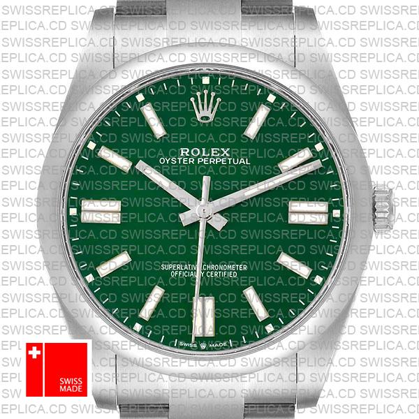 Rolex Oyster Perpetual 41 Green Dial Stick Markers 904l Steel Ref. 124300 Swiss Made Replica Superclone