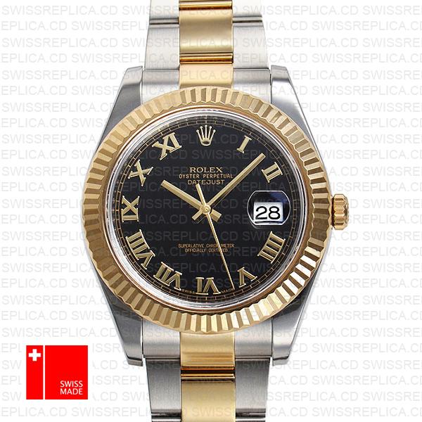 Rolex Datejust Ii 2 Tone Black Dial Gold Roman Markers 41mm 116333 Swiss Replica