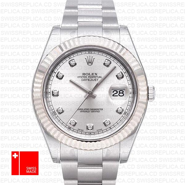 Rolex Datejust Ii Steel 18k White Gold Silver Diamonds 41mm 116334 Swiss Replica