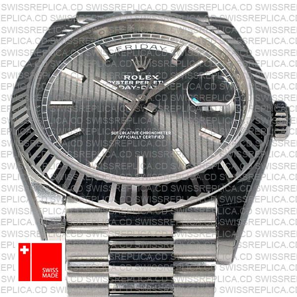 Rolex Day-date 40 Solid 904l Steel 18k White Gold Rhodium Stripe Dial Stick Markers Fluted Bezel 40mm 228239 Swiss Replica Watch
