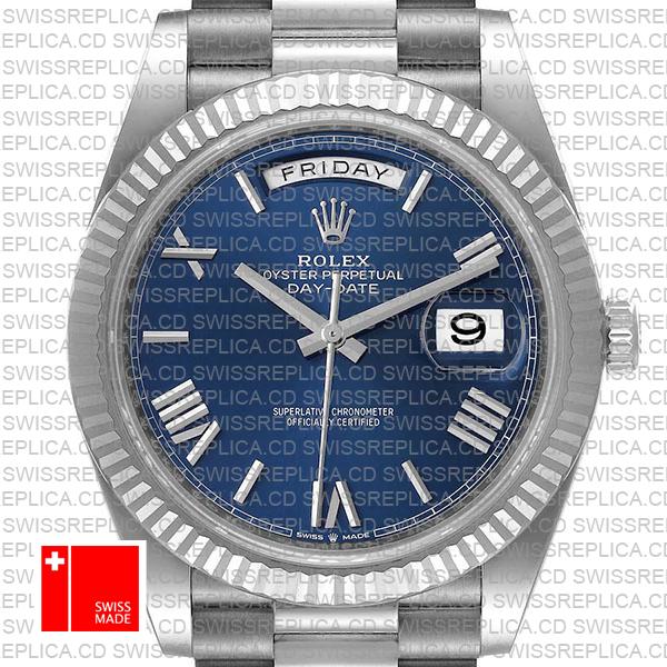 Rolex Day-date 40 Solid 904l Steel 18k White Gold Blue Dial Roman Markers Fluted Bezel 40mm 228239 Swiss Replica Watch