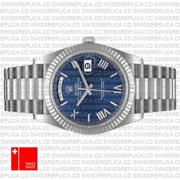 Rolex Day-date 40 Solid 904l Steel 18k White Gold Blue Dial Roman Markers Fluted Bezel 40mm 228239 Swiss Replica Watch