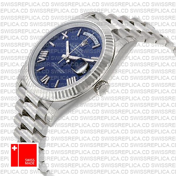 Rolex Day-date 40 Solid 904l Steel 18k White Gold Blue Dial Roman Markers Fluted Bezel 40mm 228239 Swiss Replica Watch