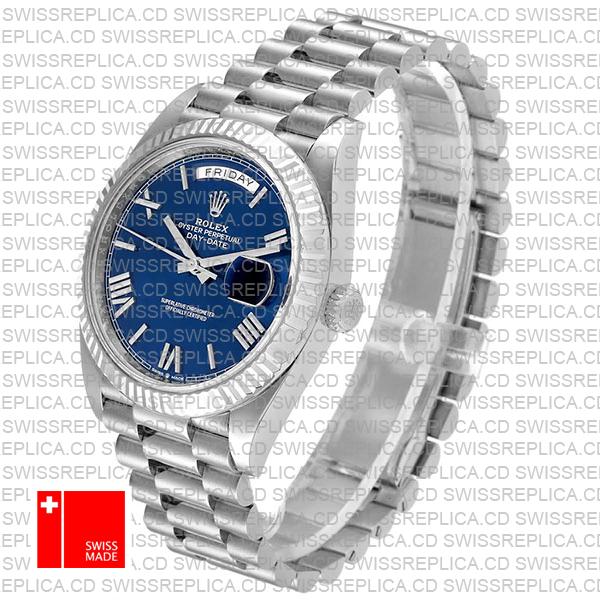 Rolex Day-date 40 Solid 904l Steel 18k White Gold Blue Dial Roman Markers Fluted Bezel 40mm 228239 Swiss Replica Watch