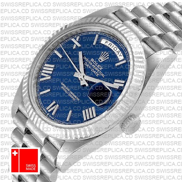 Rolex Day-date 40 Solid 904l Steel 18k White Gold Blue Dial Roman Markers Fluted Bezel 40mm 228239 Swiss Replica Watch
