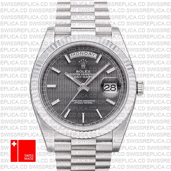 Rolex Day-date 40 Solid 904l Steel 18k White Gold Rhodium Stripe Dial Stick Markers Fluted Bezel 40mm 228239 Swiss Replica Watch