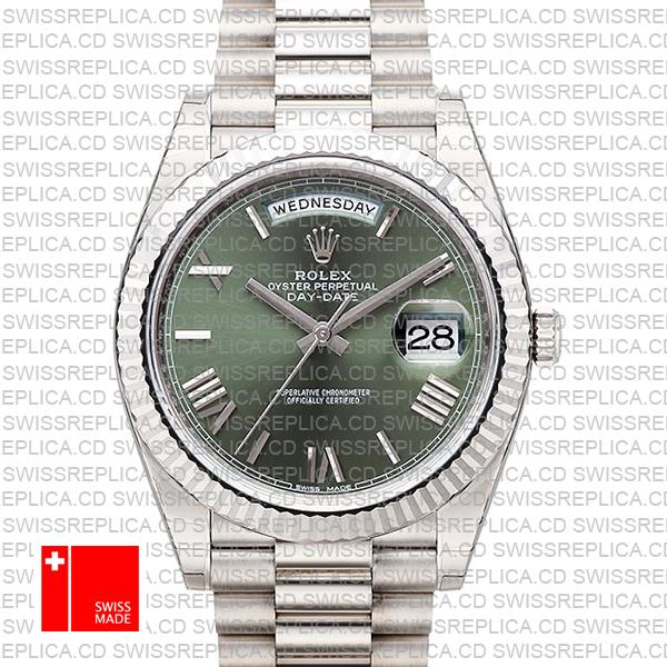 Rolex Day-date 40 Solid 904l Steel 18k White Gold Olive Green Dial Roman Markers Fluted Bezel 40mm 228239 Swiss Replica Watch