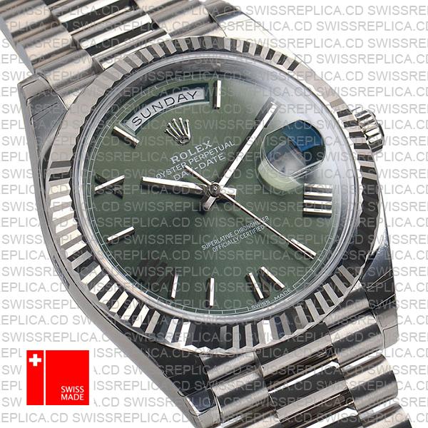 Rolex Day-date 40 Solid 904l Steel 18k White Gold Olive Green Dial Roman Markers Fluted Bezel 40mm 228239 Swiss Replica Watch