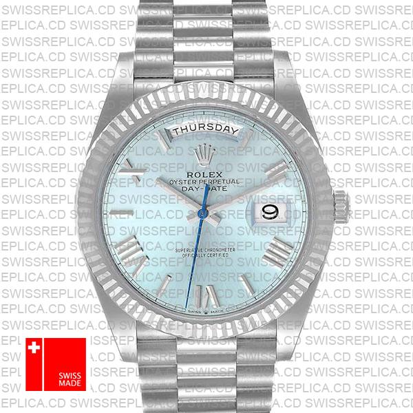 Rolex Day-date 40 Solid 904l Steel Platinum Wrap Gold Blue Dial Roman Markers Fluted Bezel 40mm Ref.228236 Swiss Made Replica Super Clone