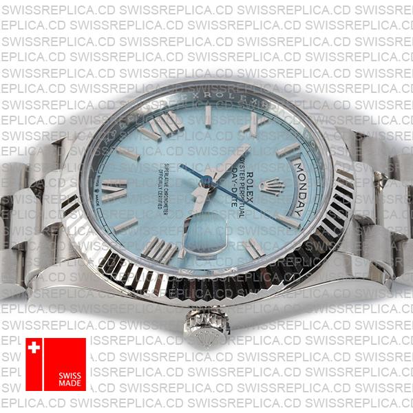 Rolex Day-date 40 Solid 904l Steel Platinum Wrap Gold Blue Dial Roman Markers Fluted Bezel 40mm Ref.228236 Swiss Made Replica Super Clone