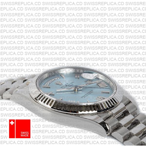 Rolex Day-date 40 Solid 904l Steel Platinum Wrap Gold Blue Dial Roman Markers Fluted Bezel 40mm Ref.228236 Swiss Made Replica Super Clone