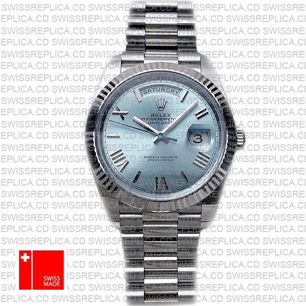 Rolex Day-date 40 Solid 904l Steel Platinum Wrap Gold Blue Dial Roman Markers Fluted Bezel 40mm Ref.228236 Swiss Made Replica Super Clone