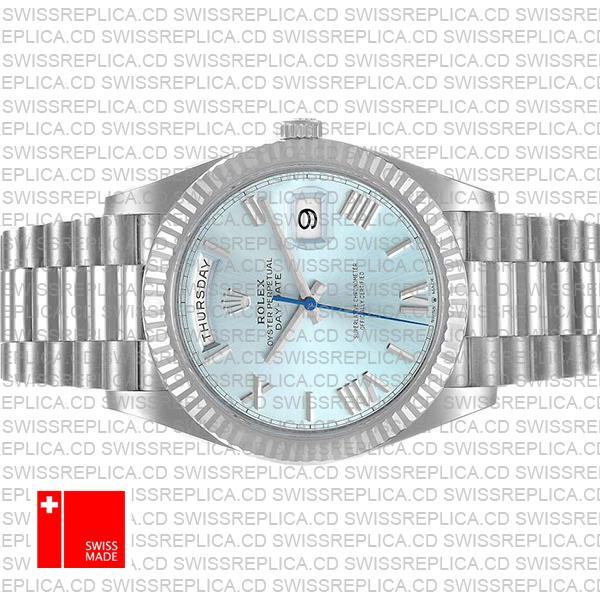 Rolex Day-date 40 Solid 904l Steel Platinum Wrap Gold Blue Dial Roman Markers Fluted Bezel 40mm Ref.228236 Swiss Made Replica Super Clone