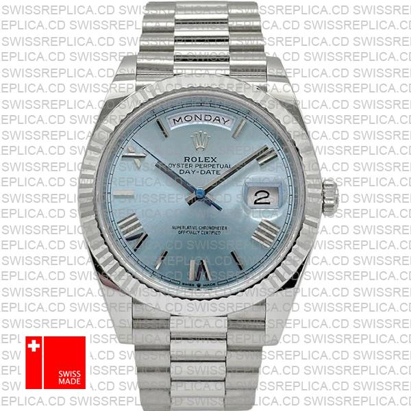 Rolex Day-date 40 Solid 904l Steel Platinum Wrap Gold Blue Dial Roman Markers Fluted Bezel 40mm Ref.228236 Swiss Made Replica Super Clone