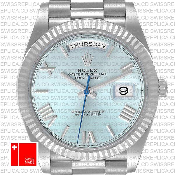 Rolex Day-date 40 Solid 904l Steel Platinum Wrap Gold Blue Dial Roman Markers Fluted Bezel 40mm Ref.228236 Swiss Made Replica Super Clone