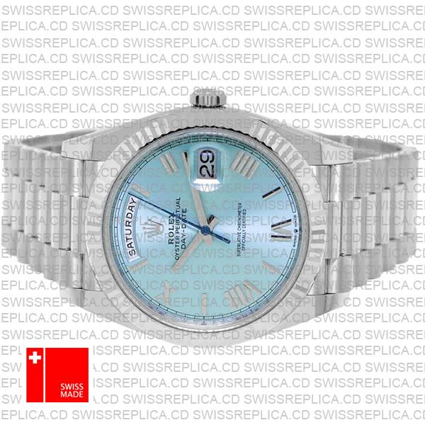 Rolex Day-date 40 Solid 904l Steel Platinum Wrap Gold Blue Dial Roman Markers Fluted Bezel 40mm Ref.228236 Swiss Made Replica Super Clone