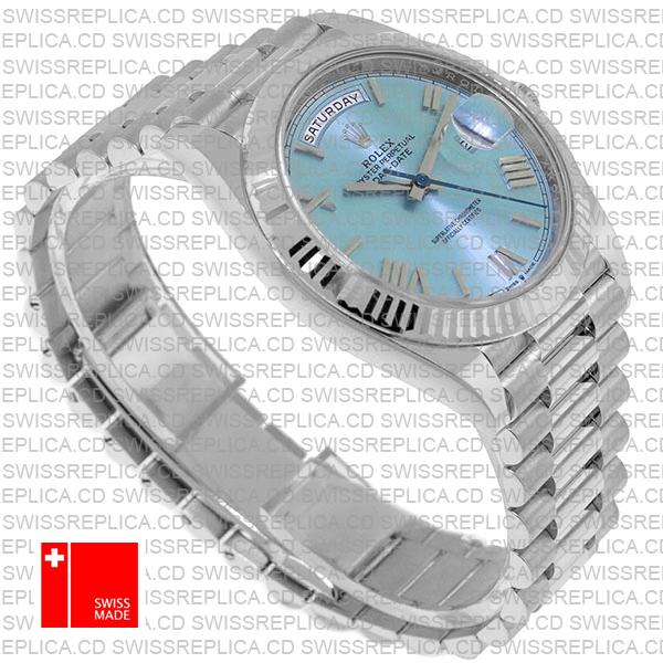 Rolex Day-date 40 Solid 904l Steel Platinum Wrap Gold Blue Dial Roman Markers Fluted Bezel 40mm Ref.228236 Swiss Made Replica Super Clone