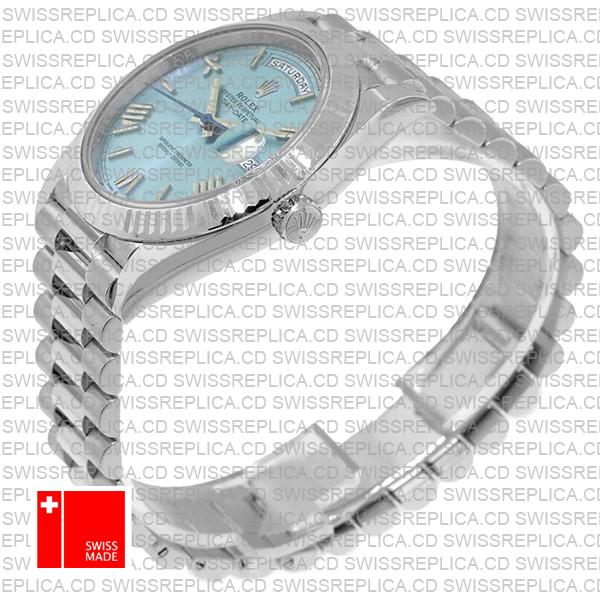 Rolex Day-date 40 Solid 904l Steel Platinum Wrap Gold Blue Dial Roman Markers Fluted Bezel 40mm Ref.228236 Swiss Made Replica Super Clone
