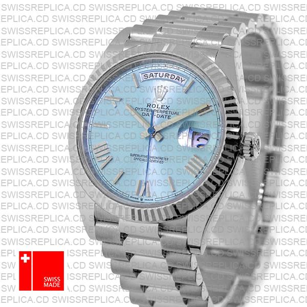 Rolex Day-date 40 Solid 904l Steel Platinum Wrap Gold Blue Dial Roman Markers Fluted Bezel 40mm Ref.228236 Swiss Made Replica Super Clone