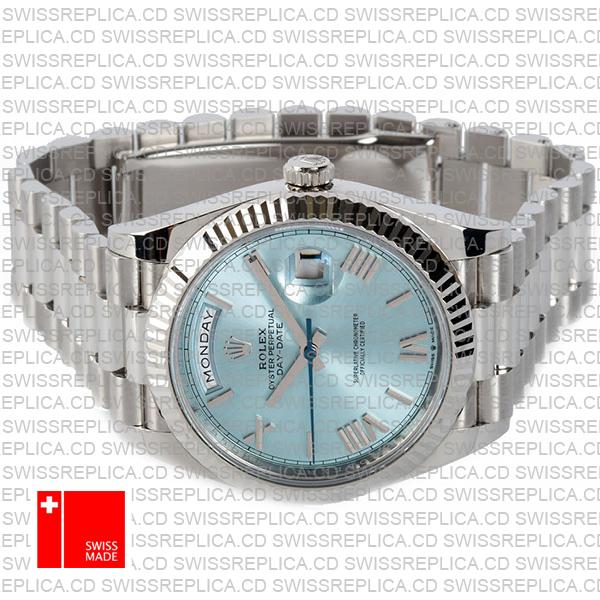 Rolex Day-date 40 Solid 904l Steel Platinum Wrap Gold Blue Dial Roman Markers Fluted Bezel 40mm Ref.228236 Swiss Made Replica Super Clone