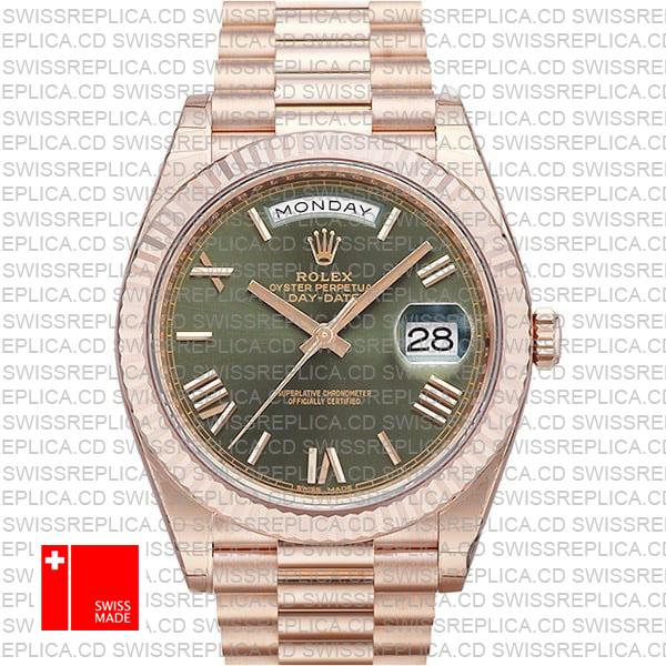 Rolex Day-date 40 18k Rose Gold Green Roman Dial Ref.228235 Swiss Made Replica Superclone