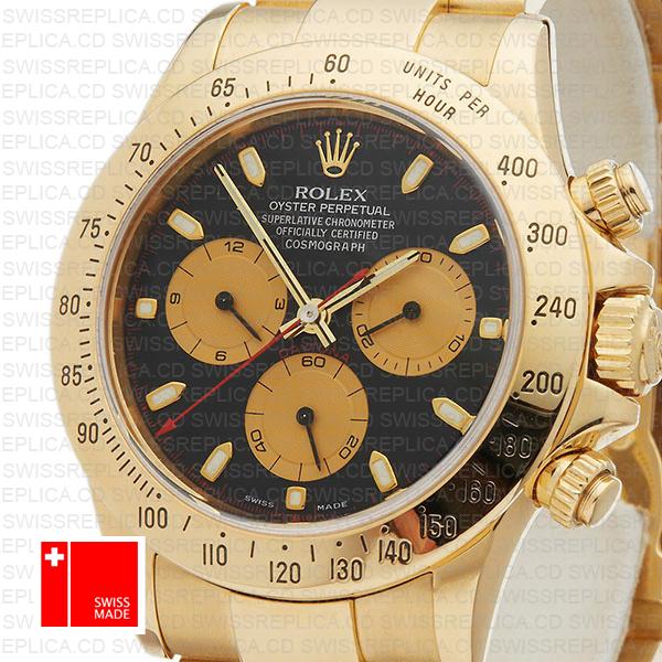Rolex 116528 Daytona Yellow Gold Black Dial Gold Subdials 40mm Swiss Replica