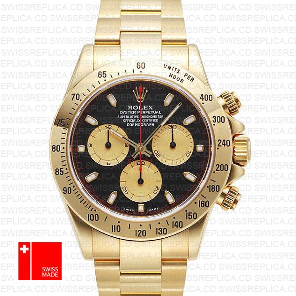 Rolex 116528 Daytona Yellow Gold Black Dial Gold Subdials 40mm Swiss Replica