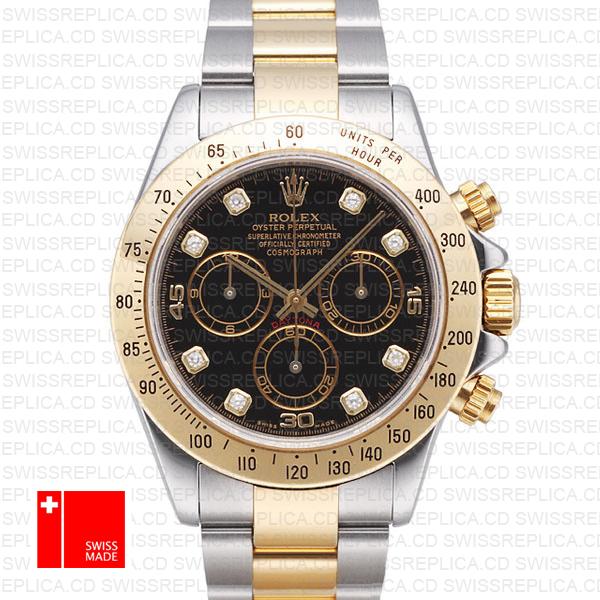 Rolex Daytona 2 Tone Black Diamonds Swiss Replica 40mm 116523