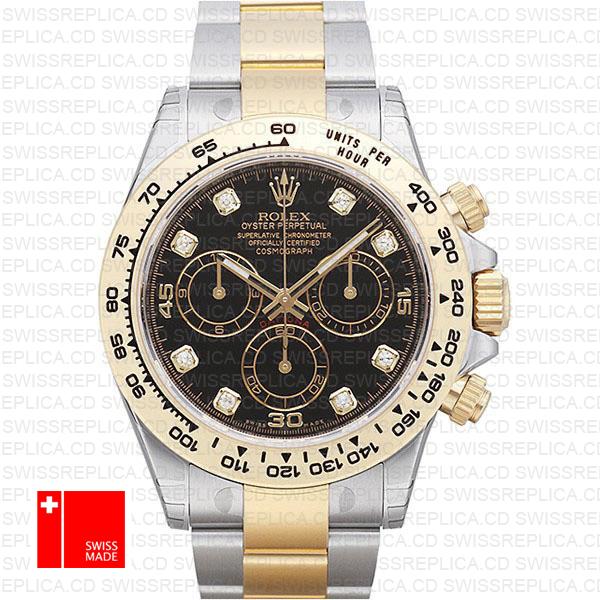 Rolex Cosmograph Daytona 2tone 18k Yellow Gold/904l Steel Black Diamond Dial 40mm Ref:116503 Swiss Replica Watch