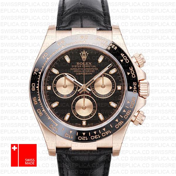 Rolex Daytona Leather Rose Gold Black Pink Ceramic 40mm 116515 Swiss Replica