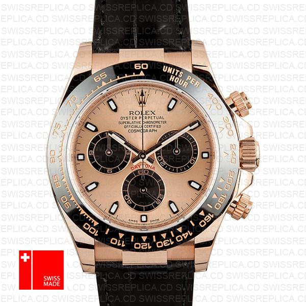 Rolex Daytona Leather Rose Gold Pink Black Ceramic 40mm 116515 Swiss Replica