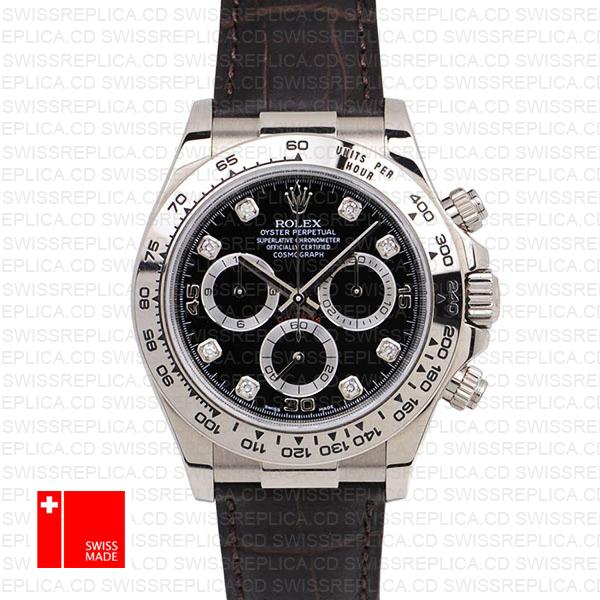 Rolex Daytona Leather White Gold Black Diamond Markers 116519 Swiss Replica 40mm